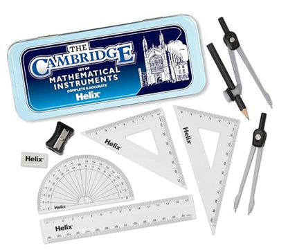 HELIX Cambridge Maths Set with Storage Tin 9 Piece Maths Equipment Set