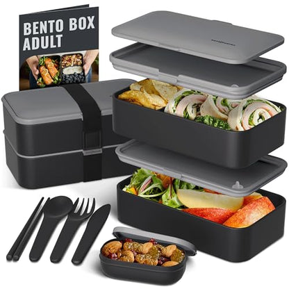 Bentoheaven Bento Box Adult, Stackable Lunch Box, 40 oz, Whispering Gray | BPA-free, leakproof and microwave-safe with 2 compartments, utensils, chopsticks, divider and sauce cup for men and women. - color: Whispering Gray