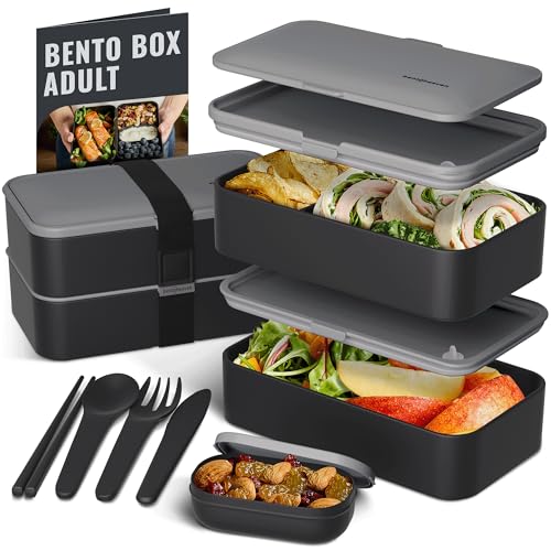 Bentoheaven Bento Box Adult, Stackable Lunch Box, 40 oz, Whispering Gray | BPA-free, leakproof and microwave-safe with 2 compartments, utensils, chopsticks, divider and sauce cup for men and women. - color: Whispering Gray