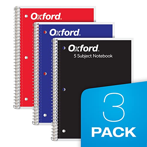 Oxford Spiral Notebook,5 Subject Writing Journal, 3-Hole Punch, College Ruled Paper, 4 Dividers, 8 x 10-1/2 Inch, Black, Red, Blue, 180 Sheets (65203)(Pack of 24) - size: Pack of 24