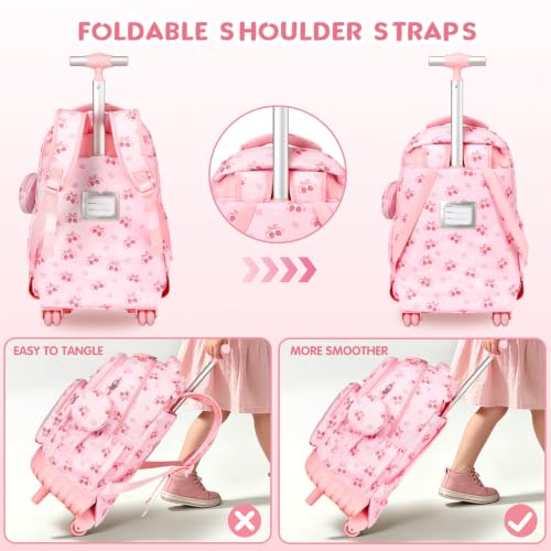 Rolling Backpack for Girls, 3PCS Roller School Backpacks for Girls with Lunch Bag and Pencil Pouch, Kids Bookbag School Bag with Wheels for Kindergarten Elementary Middle School Travel - color: Pink Bow Cherry