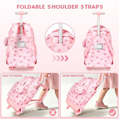 Rolling Backpack for Girls, 3PCS Roller School Backpacks for Girls with Lunch Bag and Pencil Pouch, Kids Bookbag School Bag with Wheels for Kindergarten Elementary Middle School Travel - color: Pink Bow Cherry