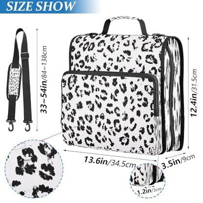White Leopard Print Zippered Binder Bag with Handle and Shoulder Strap, 1.5 inch 3 Ring D Ring Expanding File Folder Waterproof Multiple Pockets Organizer Binder