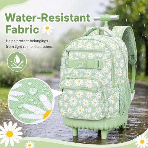 gxtvo Wheeled Backpack for Girls, Women Rolling Bookbag with Lunch Box for Adults, Water Resistant Roller School Bag for College Teens Kids Travel - Flower Cyan - color: Rolling Backpack Chrysanthemum Green