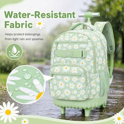 gxtvo Wheeled Backpack for Girls, Women Rolling Bookbag with Lunch Box for Adults, Water Resistant Roller School Bag for College Teens Kids Travel - Flower Cyan - color: Rolling Backpack Chrysanthemum Green