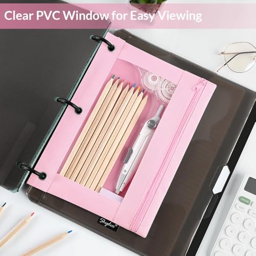 SKYDUE Pencil Pouch for 3 Ring Binder, Zipper Pencil Pouches for Girls Boys, Clear Window Pencil Case for Binder, Binder Pencil Pouch, Pencil Bag with Zipper,Pink & Purple - color: Pink&purple
