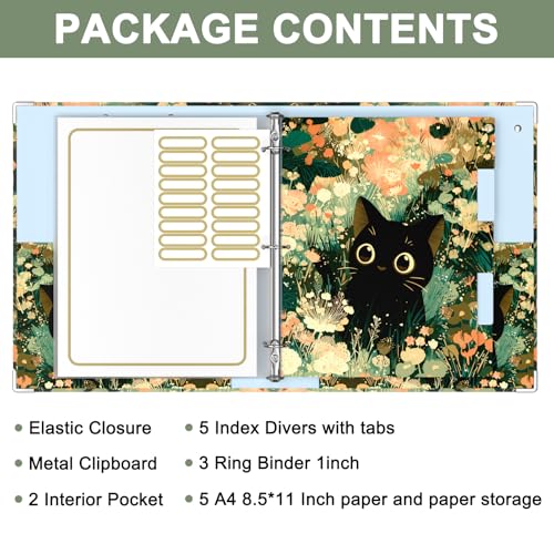 Rouidr 3 Ring Binder with clipboard, 1 inch 8.5 x 11 in Letter Size View Binders Organizer with Dividers Tabs & Clear Sleeves, School Supplies, Office Supplies - color: Cute Cat, size: 1in(Letter Size)