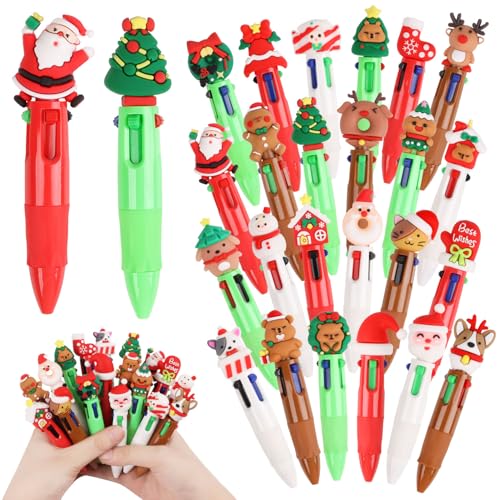 CCINEE 24pcs Christmas Mini Multicolor Pens Bulk, Holiday Ballpoint Pens 4-In-1 Cute Retractable Writing Pen for Kids Coworkers Xmas Party Favor Office Gifts - color: Red