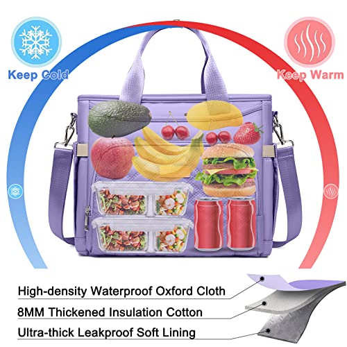 AIJIEKE Large Insulated Lunch Bag for Women, Work Lunch Box Tote, Purple | Leakproof, durable multi-compartment cooler. Reusable with shoulder strap. Perfect for travel meal prep, picnic, beach - color: Light Purple