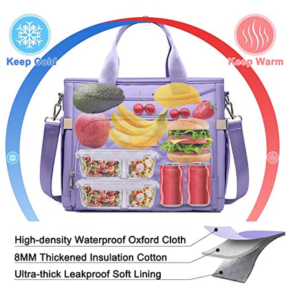 AIJIEKE Large Insulated Lunch Bag for Women, Work Lunch Box Tote, Purple | Leakproof, durable multi-compartment cooler. Reusable with shoulder strap. Perfect for travel meal prep, picnic, beach - color: Light Purple