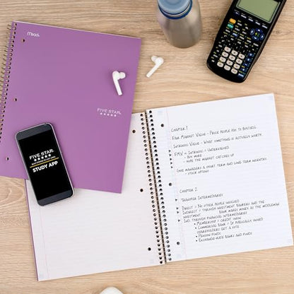 Five Star Spiral Notebook + Study App, 5 Subject, College Ruled Paper, 8-1/2" x 11", 200 Sheets, Fights Ink Bleed, Water Resistant Cover, Amethyst Purple (38748) - color: Purple, size: 1 Count (Pack of 1)
