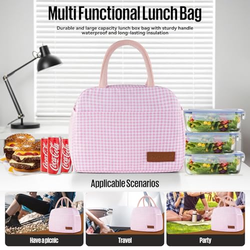 douyadady Lunch Bag Women/Men Lunch Box Women/Men (Pink+White Grid) | Spacious Lightweight Waterproof Sturdy Durable Great Value For Office Work School Picnic Travel - color: Pink+White Grid