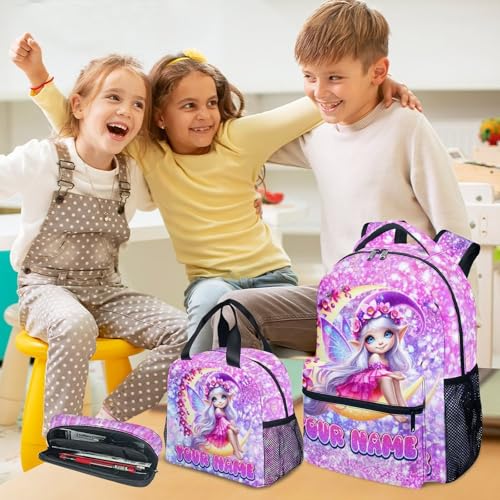 COZYAURA Girls School Backpack Personalized with Name - 3-Piece Backpack Set with Insulated Lunch Box & Pencil Case, Fairy Design for Kindergarten & Elementary Students - color: Pink