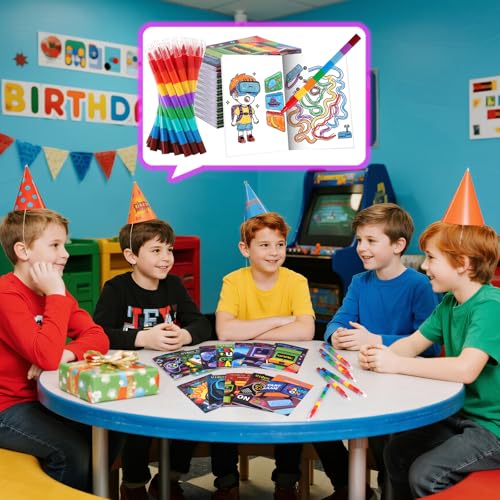BenLouis 24 Video Game Mini Coloring Books Kids with 24 Stacking Crayons Gaming Party Favors Activity Books Bulk for Kids Boys Neon Game Level Up Goodie Bag Gift Stuffer Classroom Reward - style: Video Game