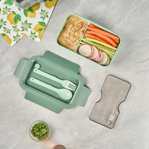 Restaurantware-Bento Tek 28.7 Ounce Bento Box, 1 Reusable Lunch Container - With Fork And Spoon, Does Not Contain BPA, Green Plastic Reusable Lunch Box, Microwavable, Dishwashable - size: 1 Count, style: 29 oz - Green