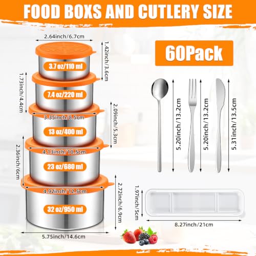10 Pack Stainless Steel Containers with Lids, 5 Sizes Leakproof Stainless Steel Food Storage Containers, Nesting Snack Holders and Flatware Set with Fork, Knife, Spoon, Chopsticks in Clear Case