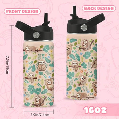 Sloth Water Bottle, 16oz Kids Stainless Steel Insulated Water Bottle with Straw Lid, Sloths Cup Tumbler Gifts for Sloth Lovers Women Girls - color: Sloth