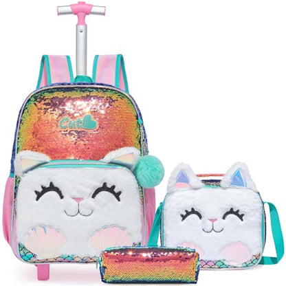 Kids Rolling Cats Backpack for Girls Plush Trolley Suitcases Luggage Travel with Wheels Bookbag Wheeled 17" Roller Backpacks Set Toddler Back Pack School Bags for Elementary Champagne - color: 5315-maomi-champagne