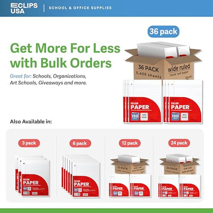 Wide Ruled Loose Leaf Paper Wide Ruled Notebook Paper Lined Writing Filler Paper 10.5” x 8” 56 gsm 4500 Sheets 150 Sheet Per Pack (36 Pack) - size: 36 Pack