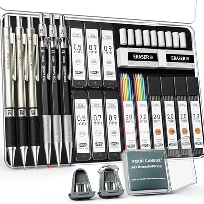 Four Candies 25PCS Mechanical Pencil Set with Case, Art Supplies with Metal Pencil 0.5, 0.7, 0.9 mm & 3PCS 2mm (HB 2H 2B 4B Color) & 432 Graphite Lead Refills, Technical Drawing Kit for Teen & Adults - style: 0.5mm+0.7mm+0.9mm+2.0mm