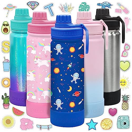 CHILLOUT LIFE 17oz Kids Insulated Stainless Steel Water Bottle with Leak Proof Spout Lid & 144 Stickers - color: Blue Space, style: 17 oz