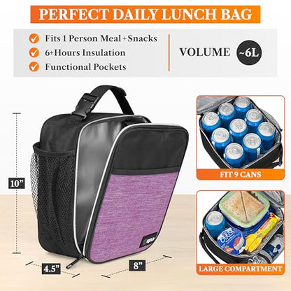 opux Insulated Lunch Bag for Kids Girls, Small Compact Lunch Box with Wide Opening & Mesh Pockets, Reusable Lunch Pail for School, Work, Adults, Women, Heather Purple - color: Heather Purple