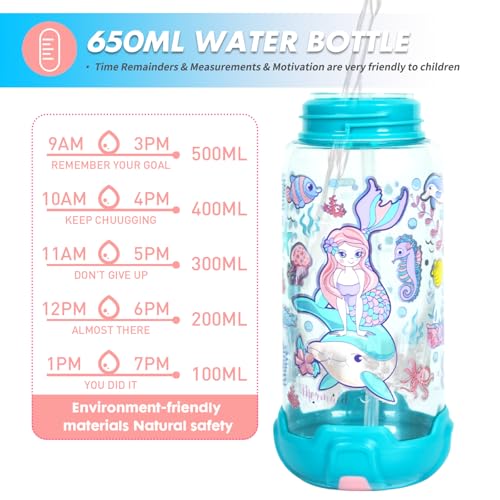 Kids Water Bottle with Straw/Lanyard for School Kids Girls Boys, 22oz BPA Free Child Drinking Water Bottle One-Click-Open Leak-Proof Locking Flip Lid for School Sport Travel - color: H03. Mermaid