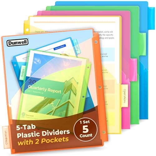 Dunwell 5-Tab Binder Pocket Dividers, Plastic Dividers with Two Pockets for 3-Ring Binder, Multicolor, Fits 8.5x11 Letter Size Documents, Insertable Tabs, 5 Subject Notebook Divider 3 Hole Punched - size: 1 Set (5 pcs), style: 2 Pockets