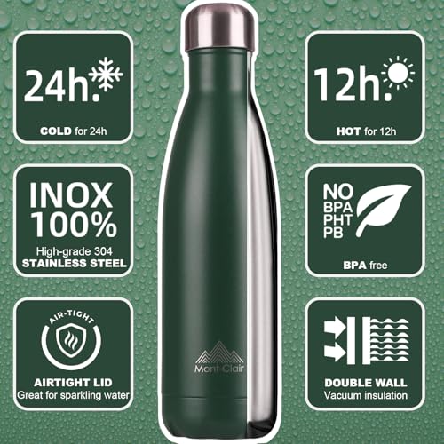 Mont-Clair Stainless Steel Water Bottle, Vacuum insulated - BPA Free, 12h Hot & 24h Cold Drinks, Metal Water Bottle 25 oz Leakproof, Ideal for Adult, Kids, Running - Dark Green - color: Dark Green, style: 25 Ounces