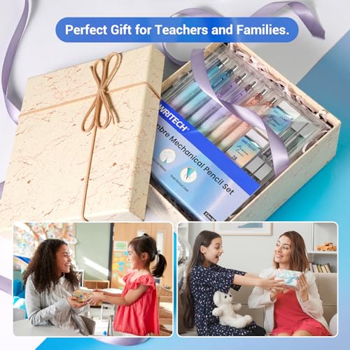 WRITECH Up Mechanical Pencil Set: 0.7mm Gradient With Erasers Drawing 6ct | Aesthetic Barrel Pencils with 4 Tubes of HB Lead Refills and 2 Extra Erasers for Writing Drawing Sketching Drafting
