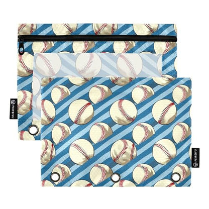 Binder Pencil Pouches, Retro Sport Pencil Case with Clear Window 3 Rings Cosmetic Bags Office Supplies 2 Pack - color: Baseball