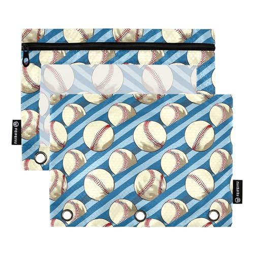 Binder Pencil Pouches, Retro Sport Pencil Case with Clear Window 3 Rings Cosmetic Bags Office Supplies 2 Pack - color: Baseball