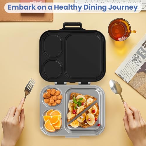 Pawtong Stainless Steel Bento Lunch Box for Kids | 3-Compartment Lunch Box Container Kids | 100% Leakproof, Eco-Friendly, Perfect Portion Control for Kids&Adult Healthy Meals (Black) - color: Black