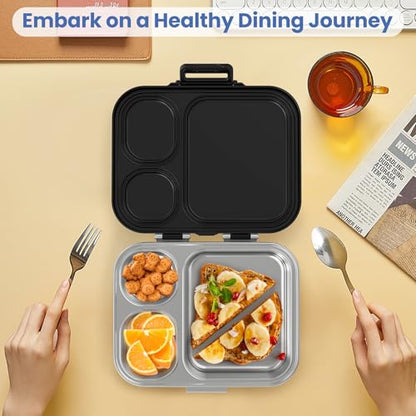 Pawtong Stainless Steel Bento Lunch Box for Kids | 3-Compartment Lunch Box Container Kids | 100% Leakproof, Eco-Friendly, Perfect Portion Control for Kids&Adult Healthy Meals (Black) - color: Black
