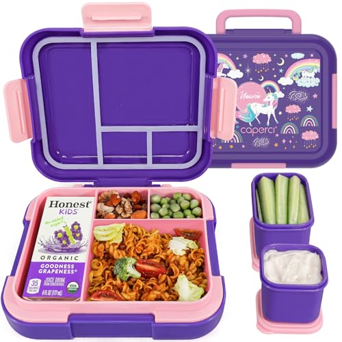 Caperci Bento Box for Kids Age 4-8 - Leak-Proof Toddler Lunch Box Container with 2 Modular Containers & 4 Compartments, Hold 4.8 Cups, Portable Handle, BPA-Free, Microwave/Dishwasher Safe (Unicorn) - color: Unicorns
