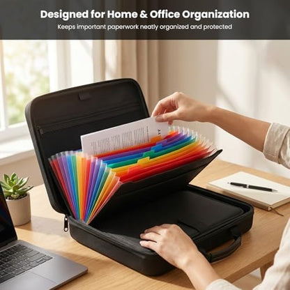 Fireproof Document Box with Lock, Hard Case File Organizer | Portable Document Briefcase with Accordion File Folder for Important Documents Passport Laptop Home Office & Travel Black