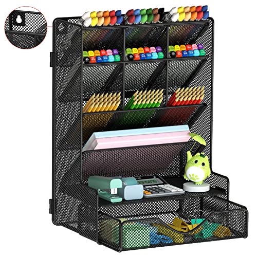 BOHDK Pen Organizer for Desk, Multi-Functional Desk Organizer, Wall Mount Pen Holder with Drawer for School, Office, Home, Art Supplies, Black - color: Black