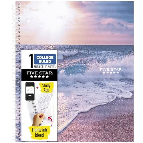 Five Star Spiral Notebook + Study App, 1 Subject, College Ruled, 8-1/2" x 11", 80 Sheets, Fights Ink Bleed, Water Resistant Cover, Ocean Tide (820443F-ECM)