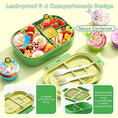 Bento Lunch Box Leakproof 44oz Kids Lunch Box Containers with 4 Compartment, Bento-Style Lunch Bento Box with Cutlery, Reusable Kid Back to School Meal/Snack Packing BPA Free (Green) - color: Green