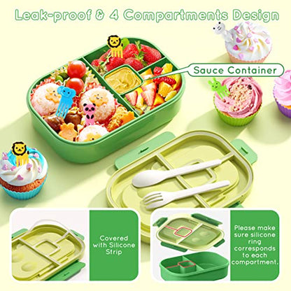 Bento Lunch Box Leakproof 44oz Kids Lunch Box Containers with 4 Compartment, Bento-Style Lunch Bento Box with Cutlery, Reusable Kid Back to School Meal/Snack Packing BPA Free (Green) - color: Green