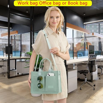 ZHMO Canvas Tote Bag for Women,Women's Bags Crossbody Bags Work Laptop Tote Bag Large Handbags Purse for Travel Nurse Teacher - color: Green With Compartments