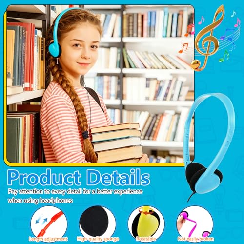 Classroom Headphones Bulk 10 Pack, Wired 3.5mm Jack, Mixed Colors | School Headphones for Kids Students Teens Adults. On Ear Headphones for Laptop Chromebook. Testing Online Learning