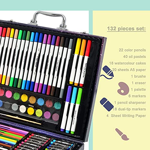 Darnassus 132-Piece Art Set, Deluxe Professional Color Set, Creating Gift Box, Art Set Crafts Drawing Painting Christmas Kit for Kids and Adult, Girls Boys - color: Galaxy Theme
