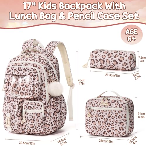 Fimibuke Kids Backpack for School Girls, 3Pcs Waterproof Girls Backpack with Lunch Box & Pencil Pouch - Lightweight Bookbag for Elementary Middle School Student Teens Ages 6+ Leopard - color: B4.leopard