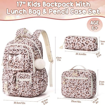 Fimibuke Kids Backpack for School Girls, 3Pcs Waterproof Girls Backpack with Lunch Box & Pencil Pouch - Lightweight Bookbag for Elementary Middle School Student Teens Ages 6+ Leopard - color: B4.leopard