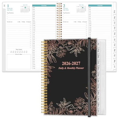 Daily Planner 2026-2027 Full Page Per Day- 2026-2027 Daily & Monthly Planner from July 2026 to June 2027, Day Planner 2026-27 with 12 Months Tabs, 8.5" x 11", Black Flowers - color: Black Flowers, size: 8.5" x 11"