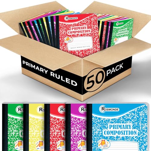 Rosmonde 50 Pack Bulk Primary Composition Notebooks, 200 Pages (100 Sheets) | Bulk Composition Notebooks, 9-3/4" x 7-1/2", Color Marble Composition Notebook, K-2, Bulk Primary Ruled Composition Notebooks - size: 50 Pack | Bulk Value, style: Primary Ruled
