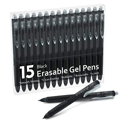 Lineon Erasable Gel Pens, 15 Pack Black Retractable Erasable Pens Clicker, Fine Point, Make Mistakes Disappear, Black Inks for School & Office - color: 15 Pack Black