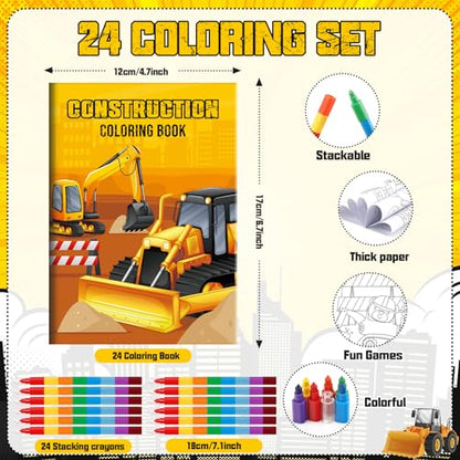 BenLouis 24 Construction Mini Coloring Books Kids with 24 Stacking Crayons Excavator Theme Party Favors Activity Books Bulk for Kids Construction Birthday Goodie Bag Gift Stuffer Classroom Reward - style: Construction
