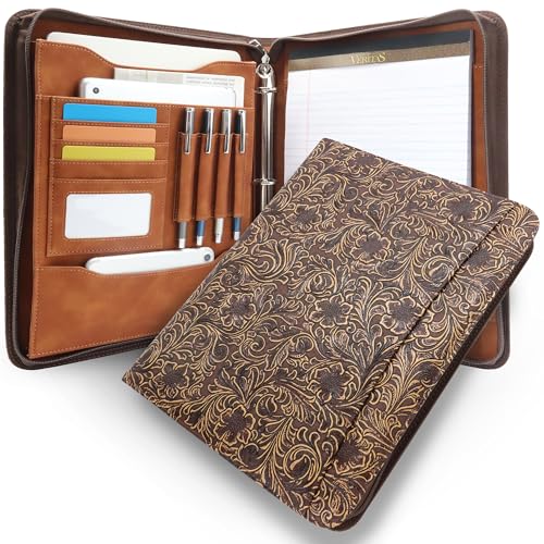 Western Vintage Floral Embossed Faux Leather Zippered Padfolio with 3 Ring Binder, Executive Portfolio Organizer Binder for Women, Fits 13.9" Laptop/Tablet, Refillable Writing Pad Pocket - color: Vintage Floral, size: Zipper Portfolio(13.7"x11"x1.57")